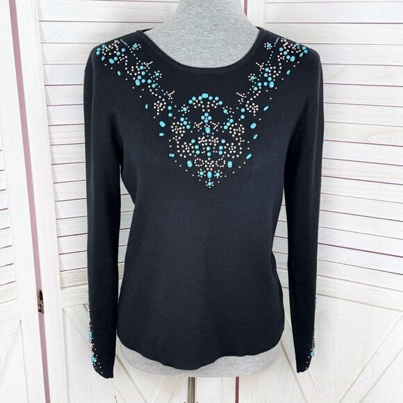 Kikit Turquoise Beaded Studs Sweater Black Medium Western - Picture 1 of 11